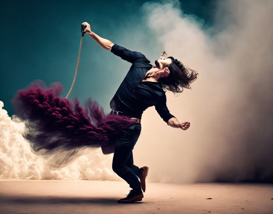 Long-haired man swinging object with purple smoke trail on moody background