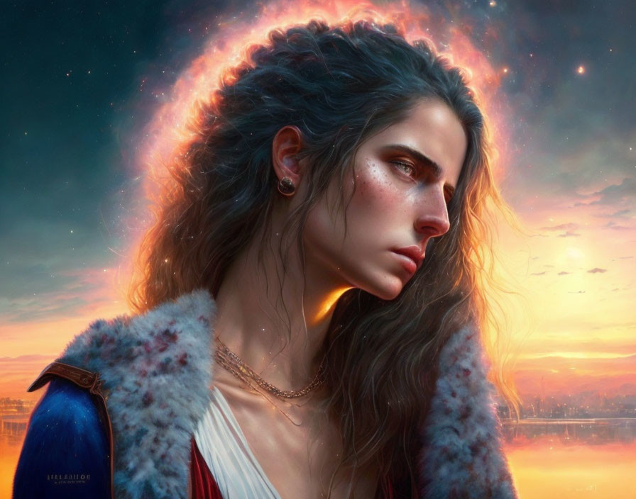 Digital painting: Woman with wavy hair, intense gaze, jewelry, cosmic sky, city skyline at