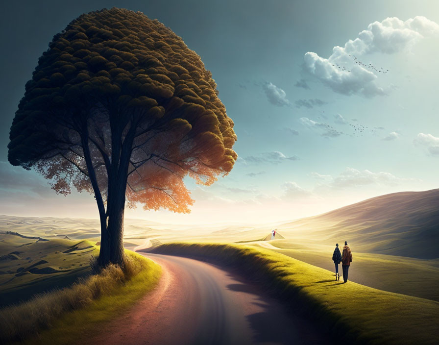 Surreal landscape with winding road, person, large tree, birds, dramatic sky