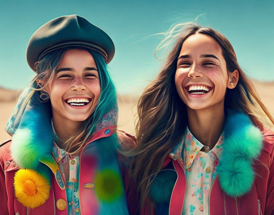 Two women in colorful outfits laughing in sunny desert