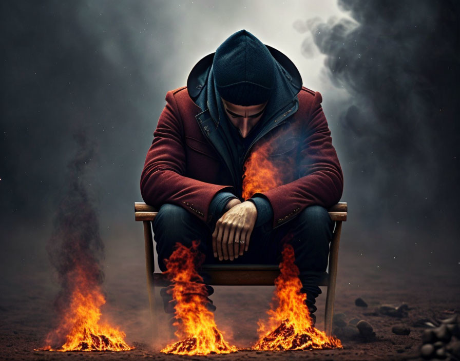 Person in Red Jacket Sitting with Crossed Arms Amid Flames and Smoke