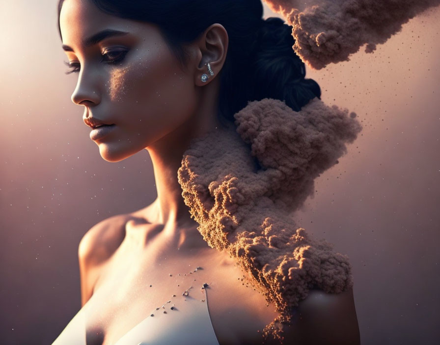 Woman's Profile with Clouds and Dust: Serene Artistic Effect