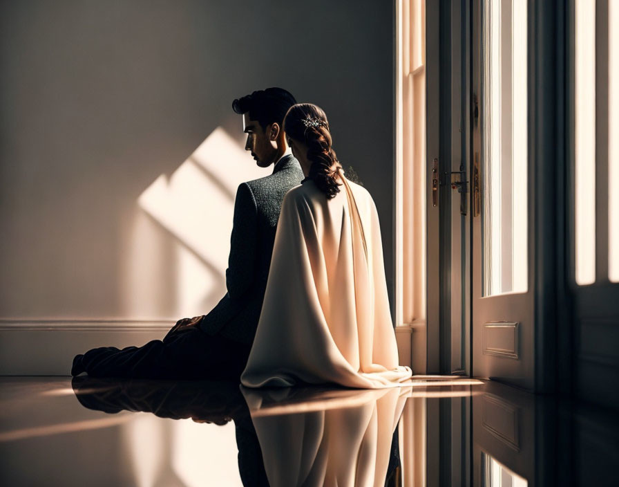 Contemplative couple wrapped in a blanket in a sunlit room