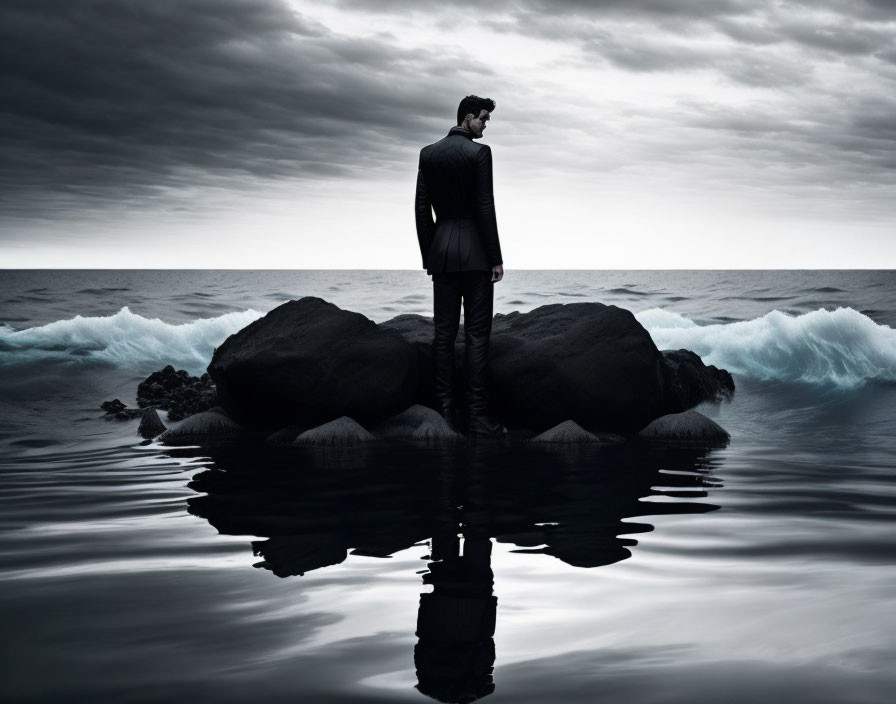 Businessman in suit on rock gazes at horizon over serene sea under overcast sky