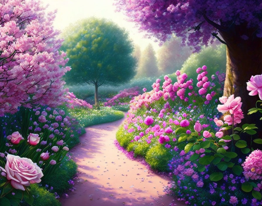 Tranquil Path with Pink and Purple Blooming Flowers