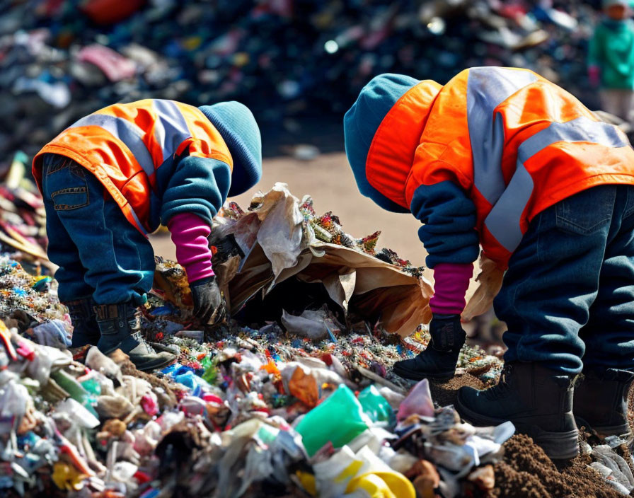 Workers in high-visibility jackets sorting mixed waste at landfill.