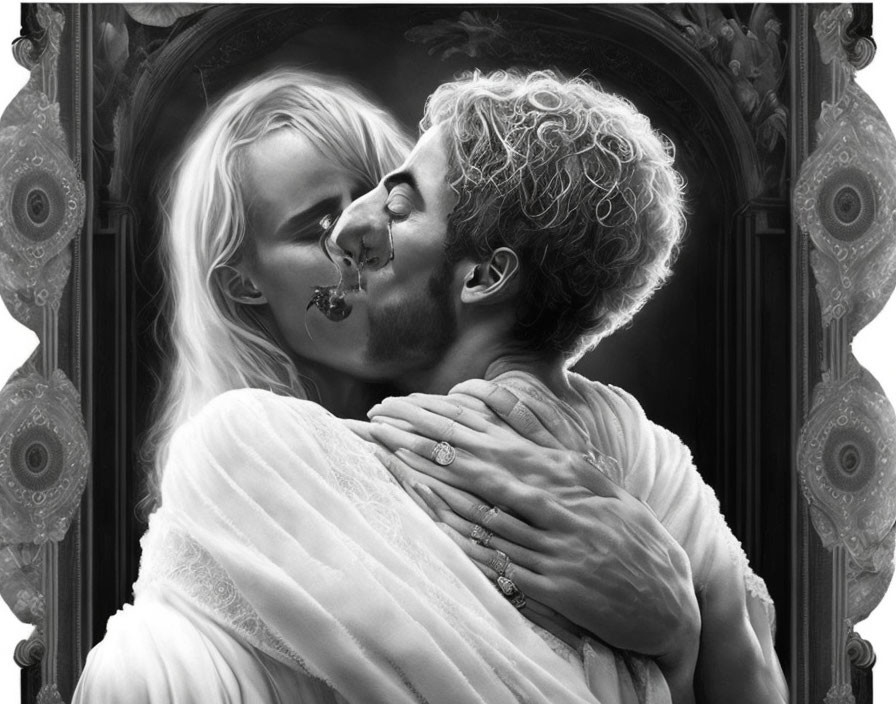 Monochrome romantic embrace in ornate frame, classical art style