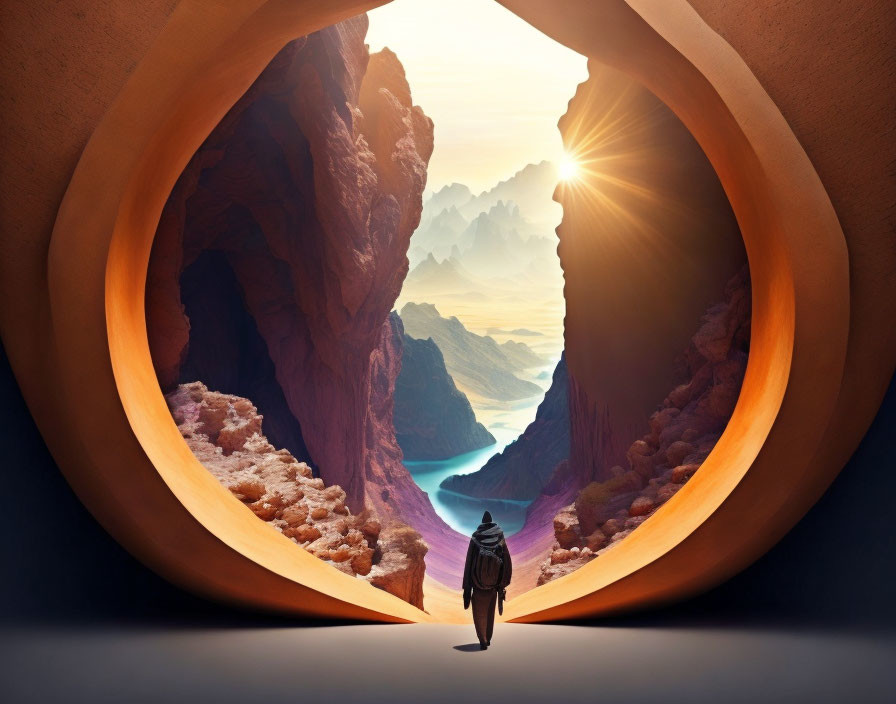 Surreal circular canyon pathway with distant mountains and serene river view