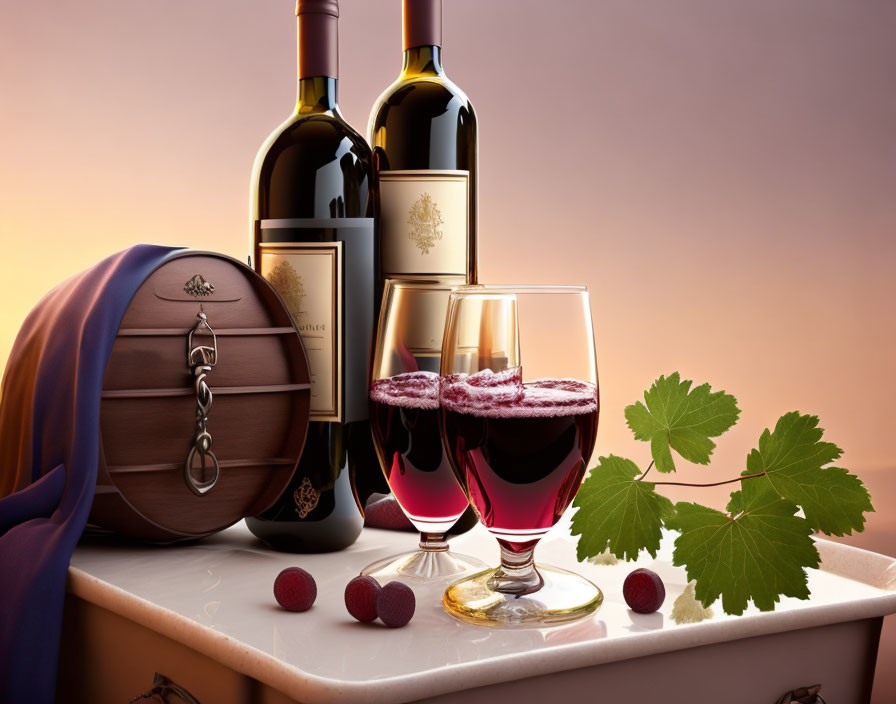 Glasses of Red Wine, Bottles, Barrel, Grapes, and Leaves on Table