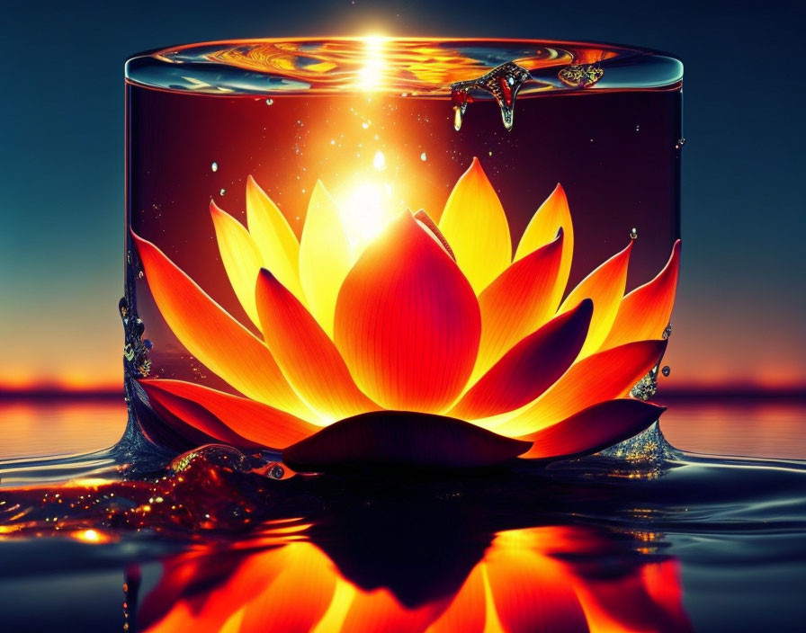 Digital image: Lotus flower in cube with liquid, sunset backdrop.