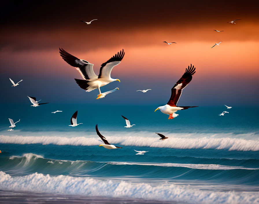 Seagulls and bird of prey soar over ocean waves at sunset