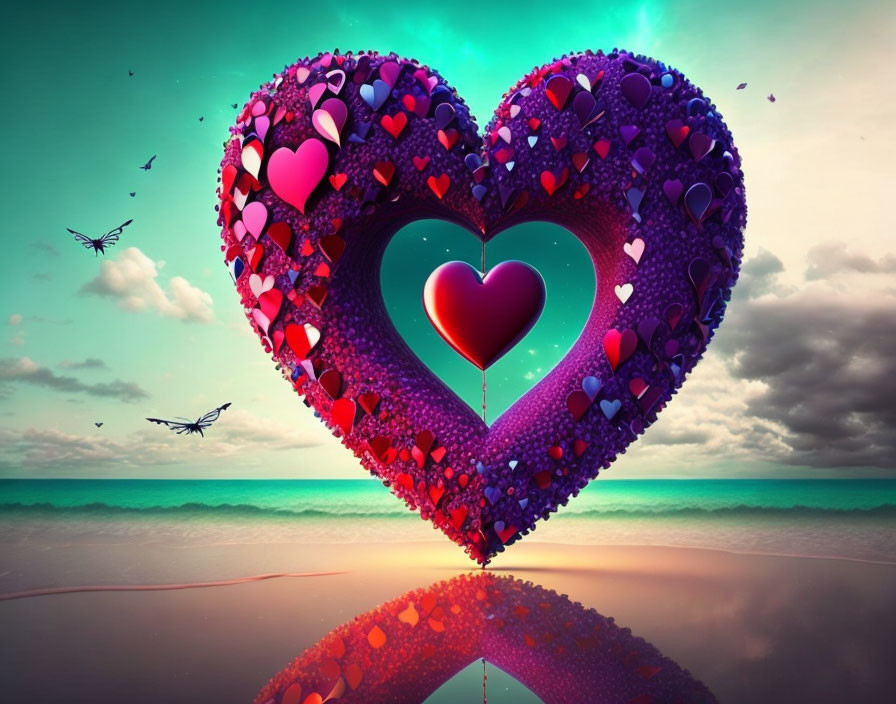 Heart made of smaller hearts over reflective surface with colorful sky and birds