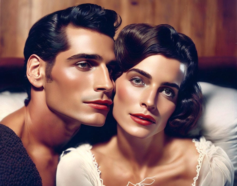 Stylized digital painting of two people with glossy skin and classic features capturing vintage beauty.