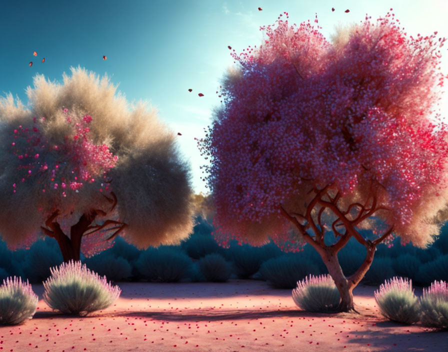 Fluffy white and pink trees in surreal landscape under pastel blue sky