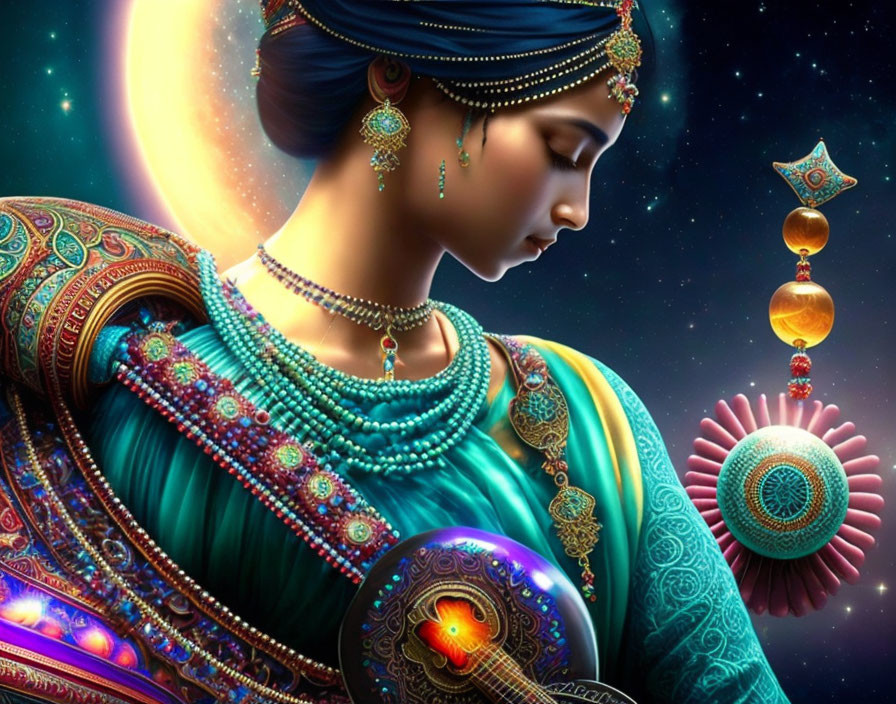 Digital art: Woman in traditional attire with celestial background.