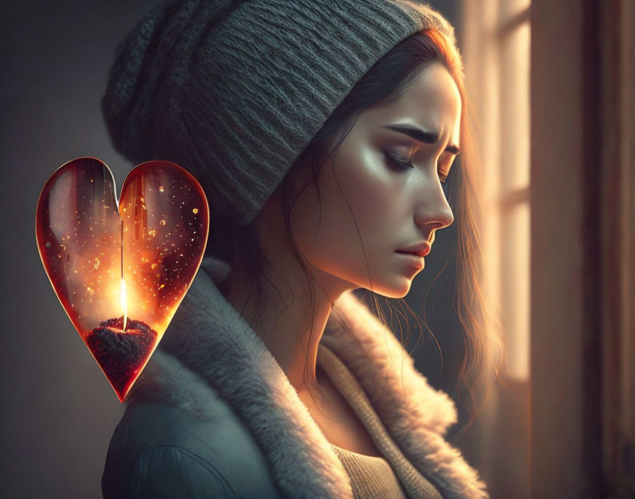 Melancholic woman looking out window with cracked heart symbolizing heartache.