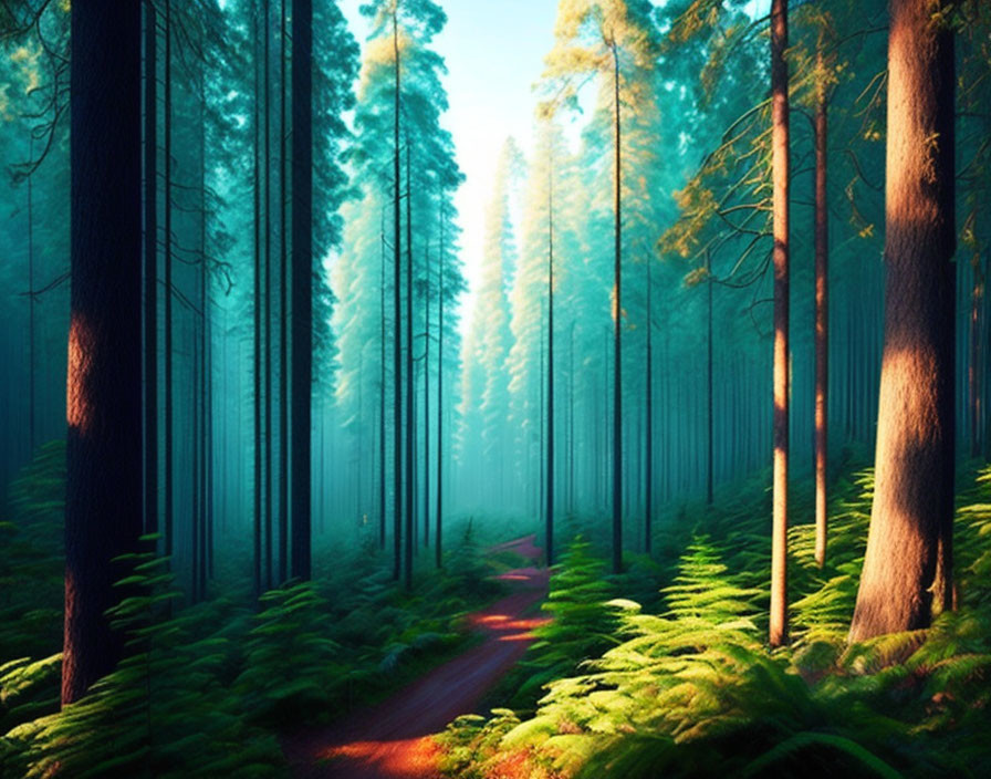 Tranquil forest scene with tall trees, mist, sunlight, and a winding path