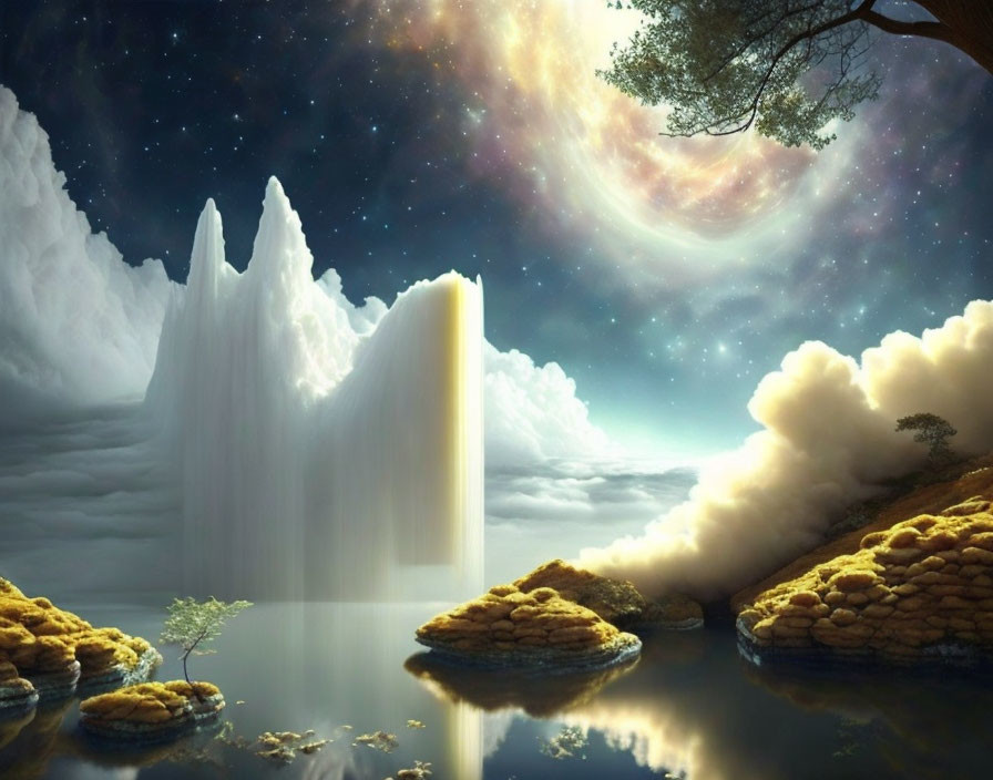 Surreal landscape with floating mountain waterfall & serene lake