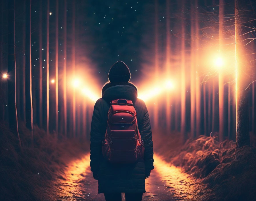 Night forest path with person walking and glowing lights.