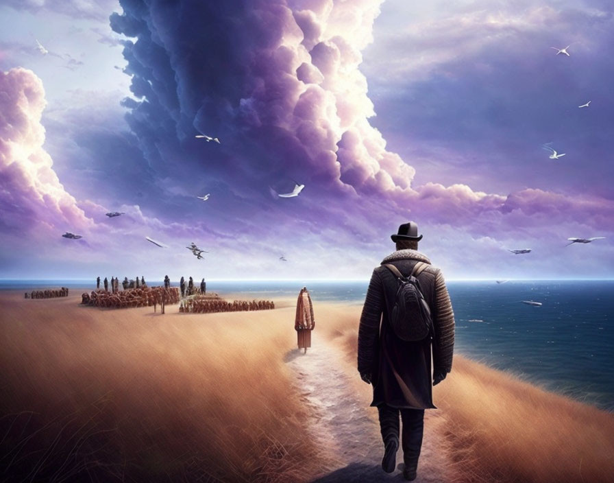 Person in coat and hat walking towards beach under dramatic cloudy sky