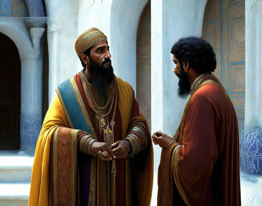 Men in Ancient Middle Eastern Attire Talking Under Richly Decorated Archway