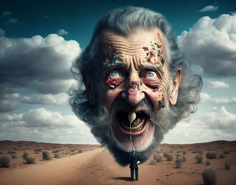 Surreal desert road scene with tiny man and grotesque face