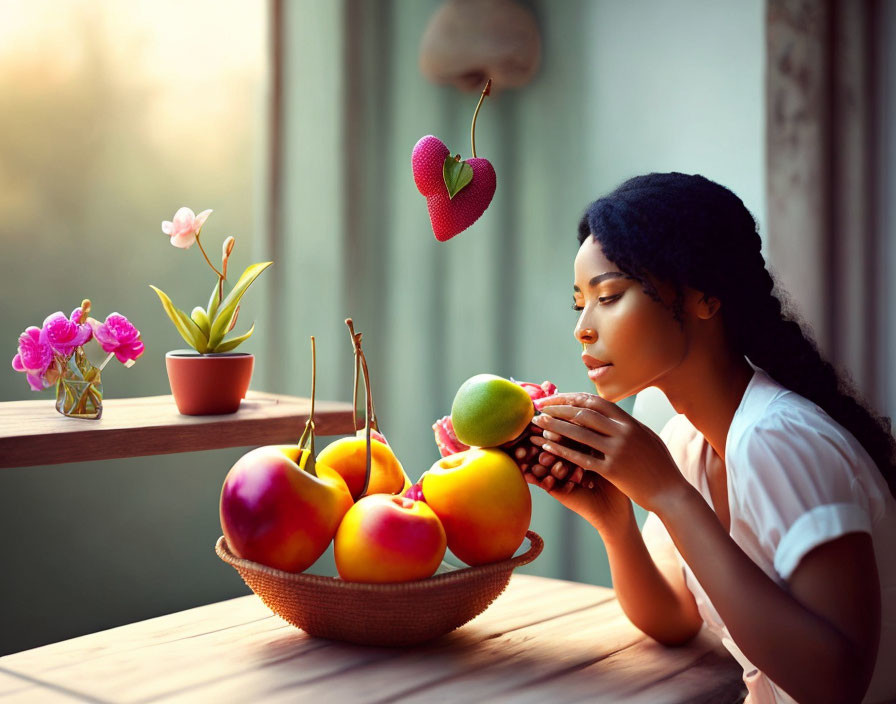 Levitating heart above fruit bowl with flowers by window