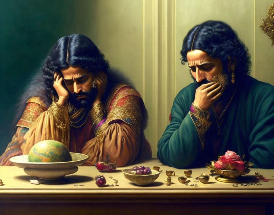 Two men in ornate renaissance attire at a table with globe, jewelry, and fruit bowls,