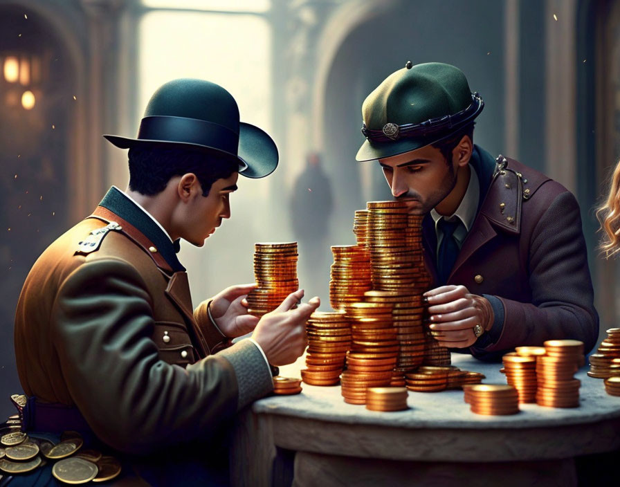 Military-themed animated characters counting gold coins in dimly lit setting