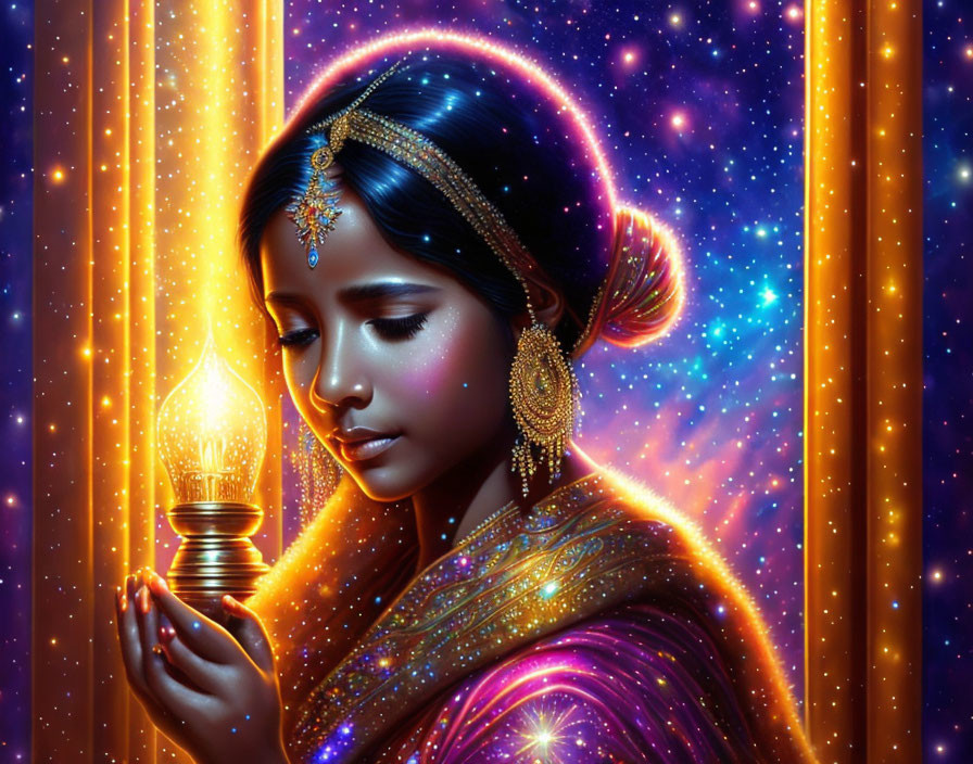 Illustrated woman in traditional attire with glowing lamp in cosmic setting