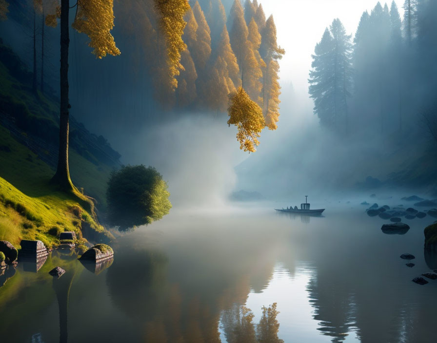 Misty Dawn Lake with Autumn Trees and Boats