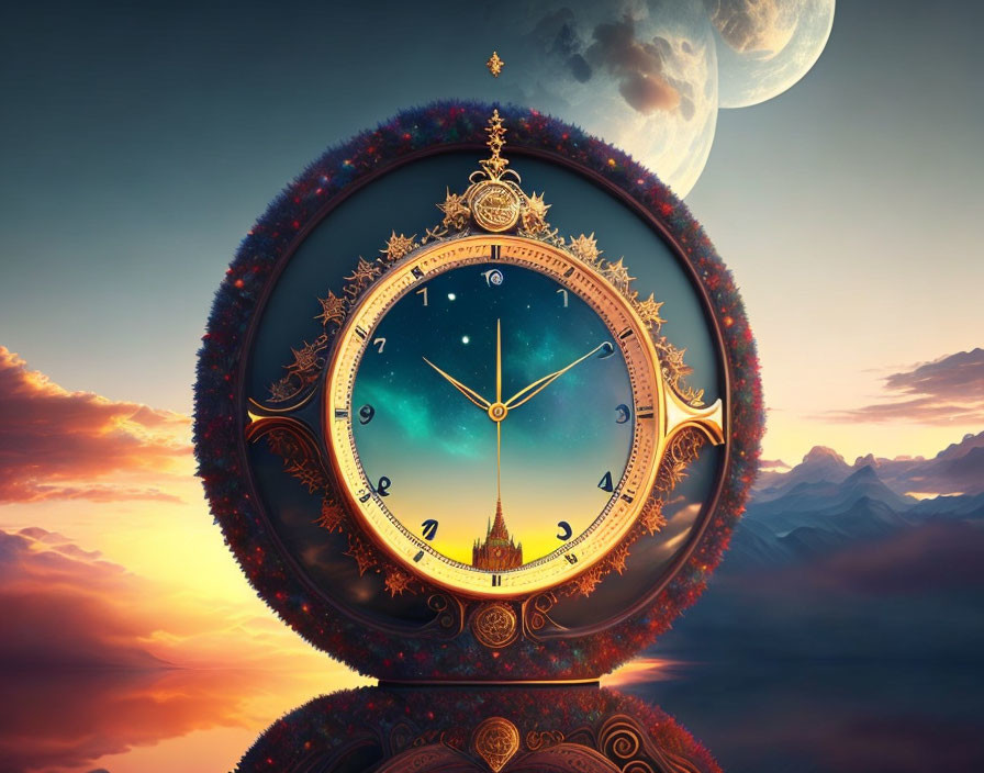 Ornate clock with surreal sky reflection landscape