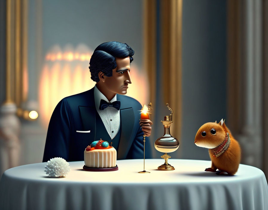 Illustration of man in tux lighting candle on dessert with chipmunk at table