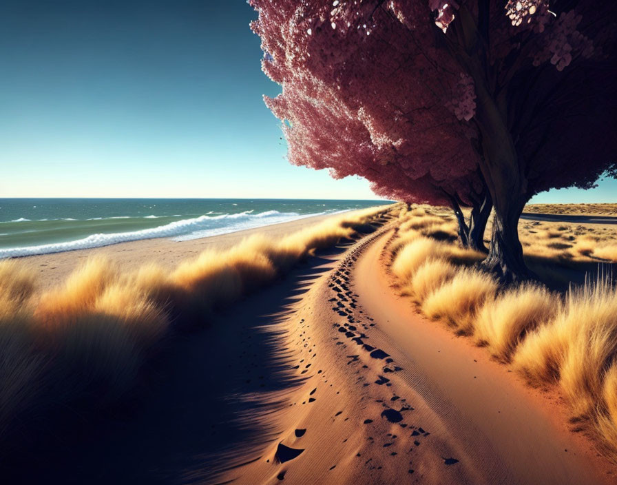 Tranquil beach scene with pink blossoming tree and blue sea