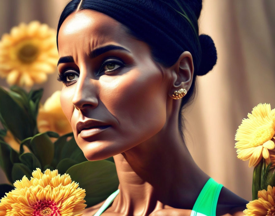 Woman with headband and hoop earrings near sunflowers, showcasing thoughtful expression