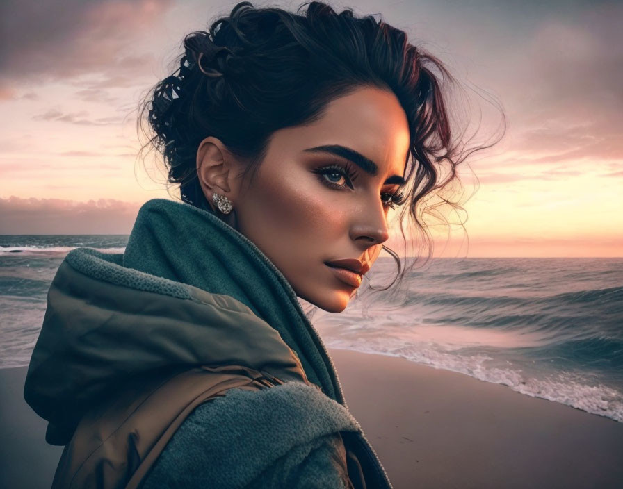 Dark-haired woman with bold makeup gazes at sunset over ocean