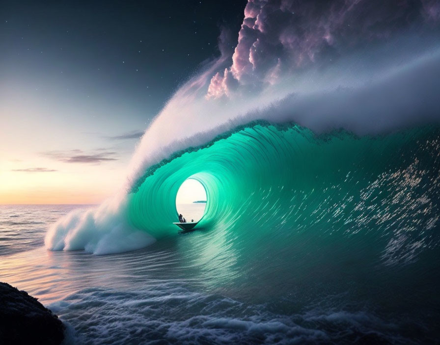 Silhouetted boat under massive turquoise wave at sunset