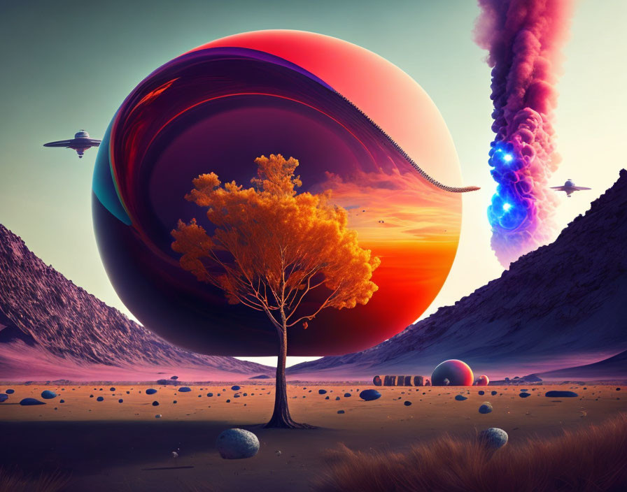 Surreal landscape with lone tree, glossy orbs, alien spacecraft, and vibrant anomaly