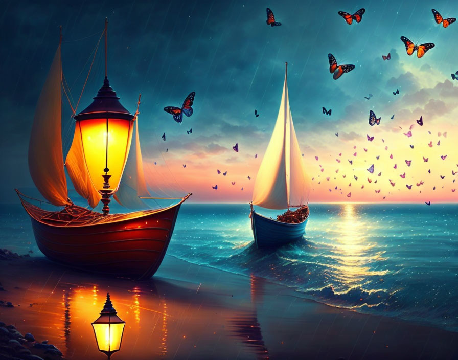 Twilight scene with two boats, butterflies, and lanterns on shore