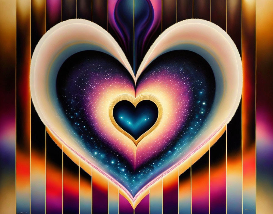 Multicolored cosmic heart with concentric hearts on surreal striped background