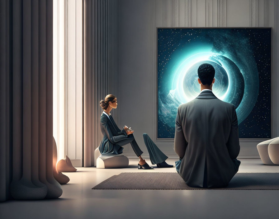 Two professionals in modern office setting looking at galaxy screen