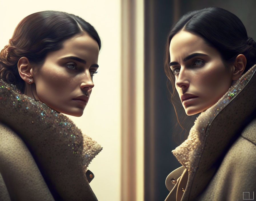 Dark-haired woman in beige coat with sparkling details reflected in mirror