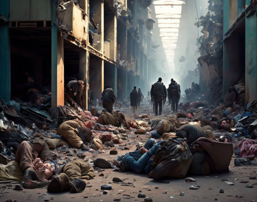 Post-apocalyptic scene with people in tattered clothes amidst debris and ruins