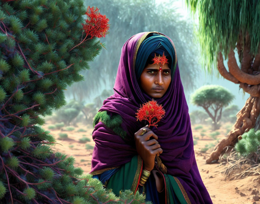 Woman in colorful attire sitting among trees with red flowers, appearing contemplative in desert setting.