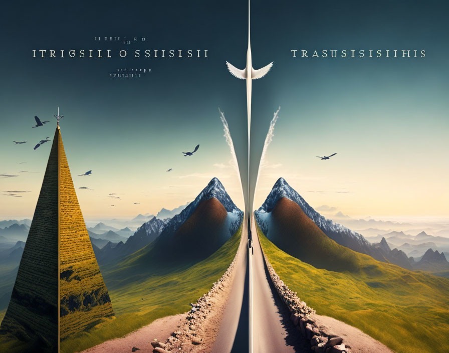 Symmetrical landscape: Pyramid & arid land vs. snowy mountains & lush valley, with bird silhouette