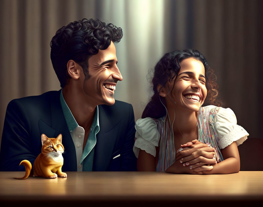 Man and woman with orange cat at table, sunlight through curtains