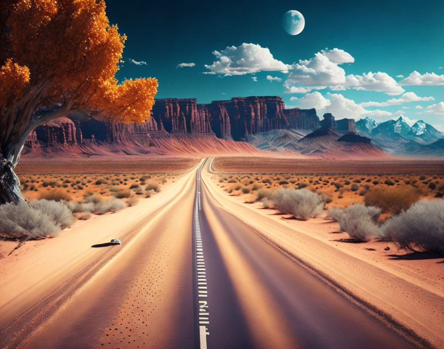 Surreal desert landscape with orange road and moonlit mountains