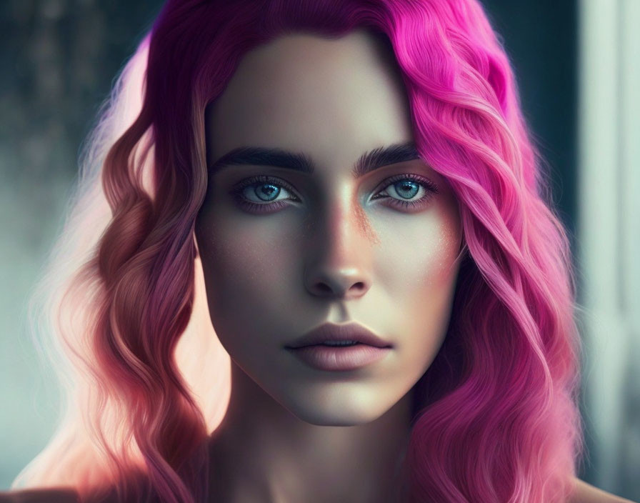 Portrait of a person with blue eyes and pink ombré hair in soft waves