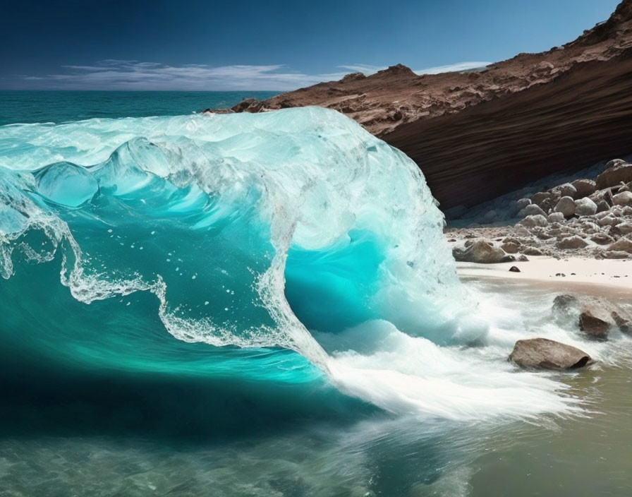 Turquoise Wave Cresting Near Sandy Beach and Cliff