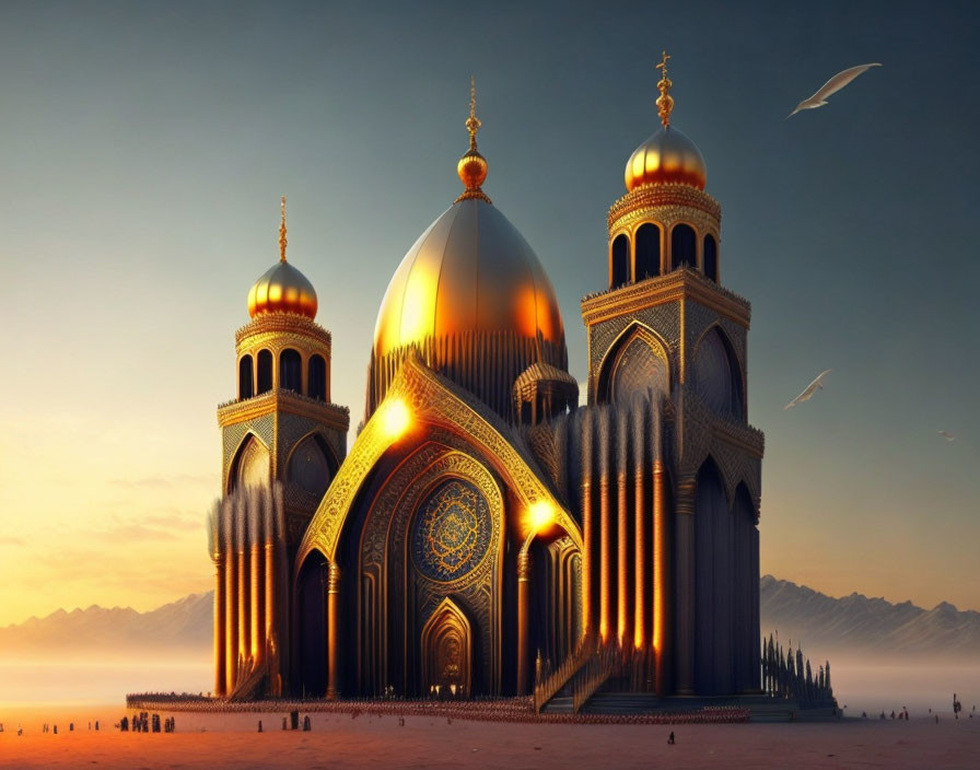 Golden-domed mosque with intricate arches in sunset setting with birds and people.